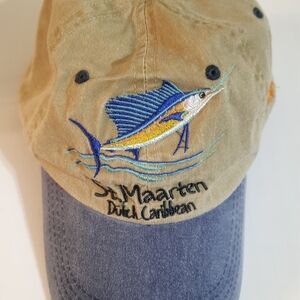 St. Maarten Dutch Caribbean Tan & Navy Sailfish Adjustable Baseball Cap